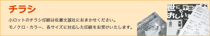 チラシ 小ロットのチラシ印刷は佐藤文誠社にお任せください。モノクロ・カラー、各サイズに対応した印刷をお受けいたします。